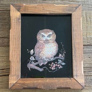VTG framed aluminum foil etched owl art MCM retro woodland whimsical